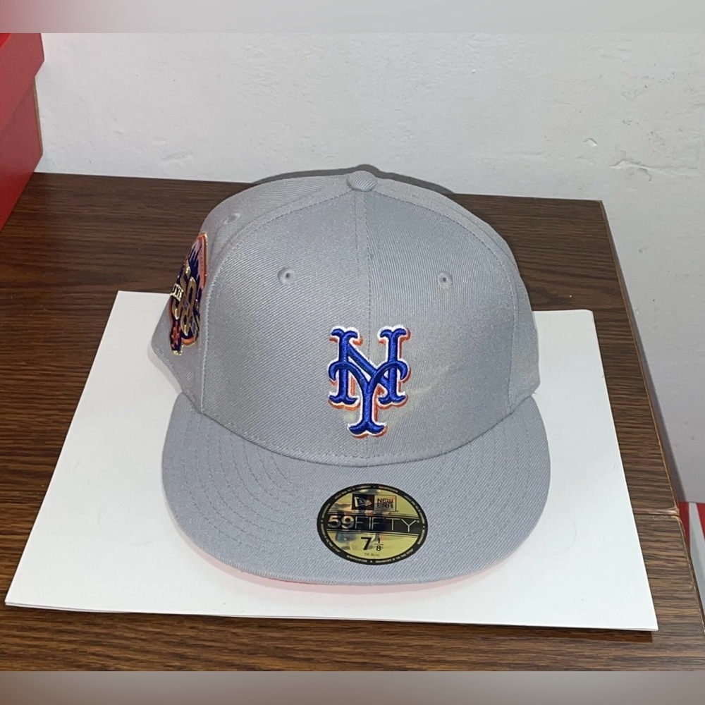 New Era New York Mets Orange UV 50th Patch Fresh Grey Size 7 1/8 Fitted Cap New